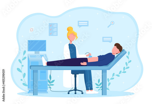Male character is making test for health insurance. Doctor in white robe makes ultrasound procedure in medical office. Flat cartoon vector illustration