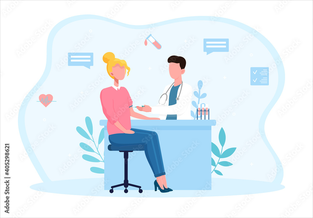 Female patient is taking tests for health insurance. Concept of blood test procedure. Patient and doctor with a syringe and test tubes in medical office. Flat cartoon vector illustration