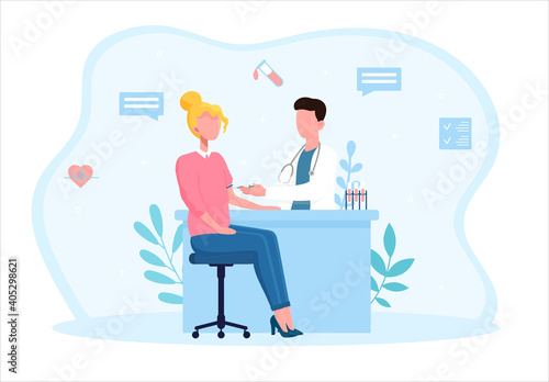 Female patient is taking tests for health insurance. Concept of blood test procedure. Patient and doctor with a syringe and test tubes in medical office. Flat cartoon vector illustration