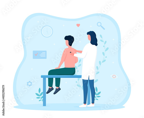 Male patient takes tests for health insurance. Female doctor in white robe doing checkup with stethoscope examination procedure, patient and doctor carrying out procedure, medical office or laboratory