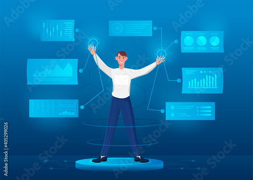 Male character is touching virtual screen. Man is exploring digital interface screens. Concept of high technology. Flat cartoon vector illustration.