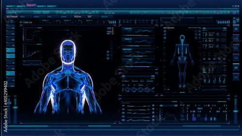 Holographic futuristic Interface showing analysis of human male anatomy scan with rotating skeleton and body heat transfer. Near future of medicine and healthcare.