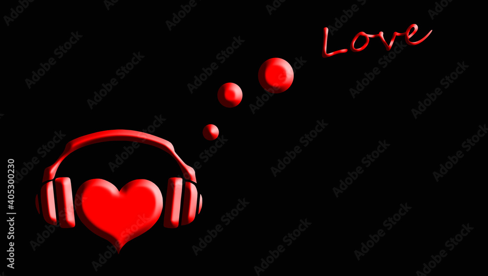 Heart in headphones listening to love songs on a black background.3D illustrations.