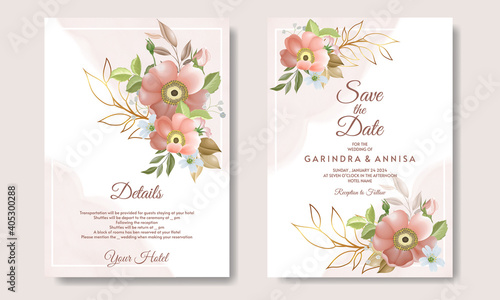  Elegant wedding invitation card with beautiful floral and leaves Premium Vector