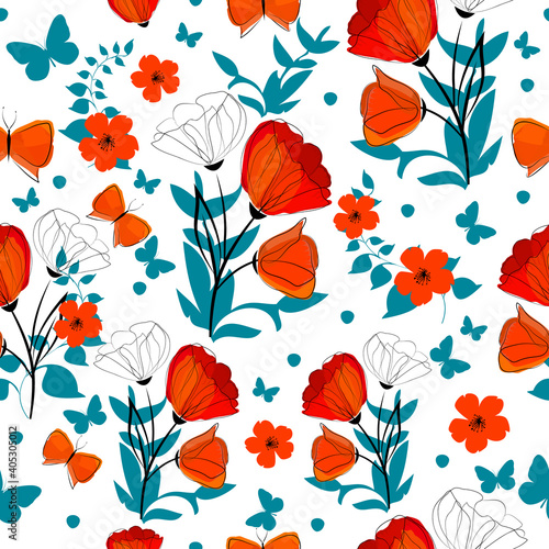 A seamless background with red and blue flowers and leaves. Print with poppies and butterflies. Vector illustration