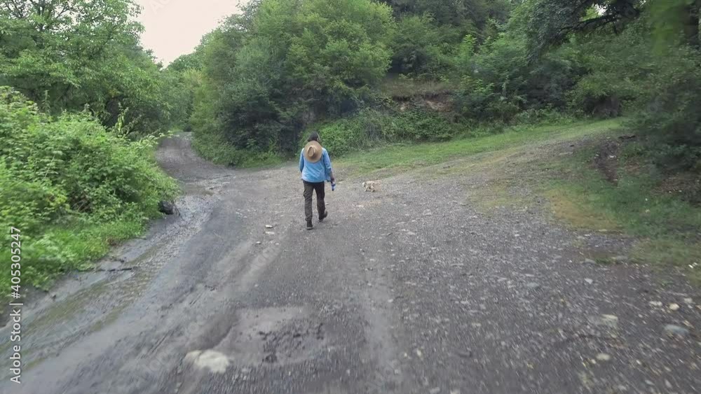 A young guy walks in the morning with his dog on a wet forest way nature. Hills and forests are visible from behind. Dog walk with man owner. Drone CINEMATIC footage. Happy Small Dog travel. A young guy walks in the morning with his dog on a wet forest way nature. Hills and forests are visible from behind. Dog walk with man owner. Drone CINEMATIC footage. Happy Small Dog travel.