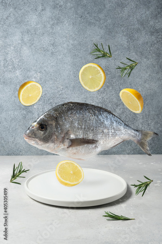 Сreative photo fish dorado or sea bream in the air levitation Healthy food concept