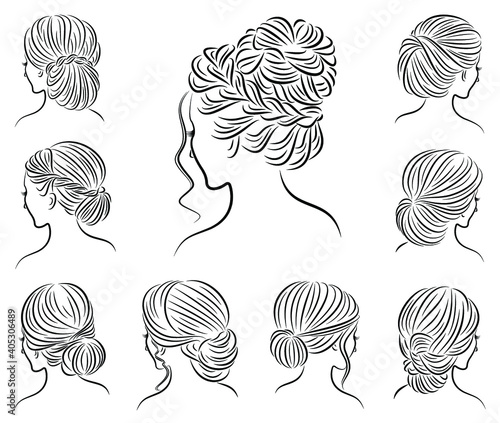 Collection. Silhouette of the lovely lady heads. The girl demonstrates hairstyles for long and medium hair. Suitable for logo, advertising. Vector illustration set.