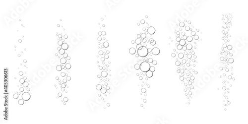 Underwater fizzy air, oxygen or water bubbles isolated on white background. Realistic illustration of fizzing sparkles in effervescent drink. Soda or champagne texture