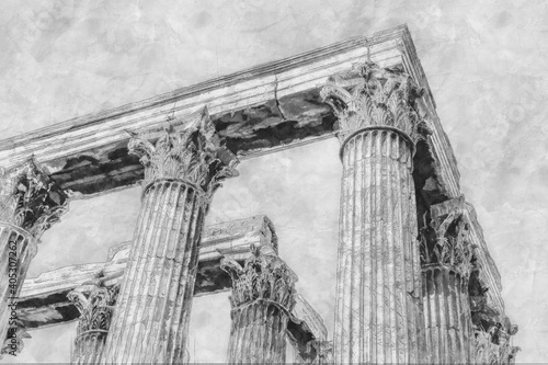 Black and whiter Ancient Sites ruins of ancient temple  Zeus, Athens, Greece. Watercolor splash with hand drawn sketch illustration on crumpled paper