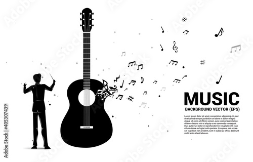 Vector silhouette of conductor with music melody note dancing flow shape guitar icon . Concept background for song and guitar concert theme.