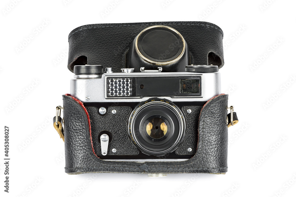 Vintage analog camera in leather case on white background