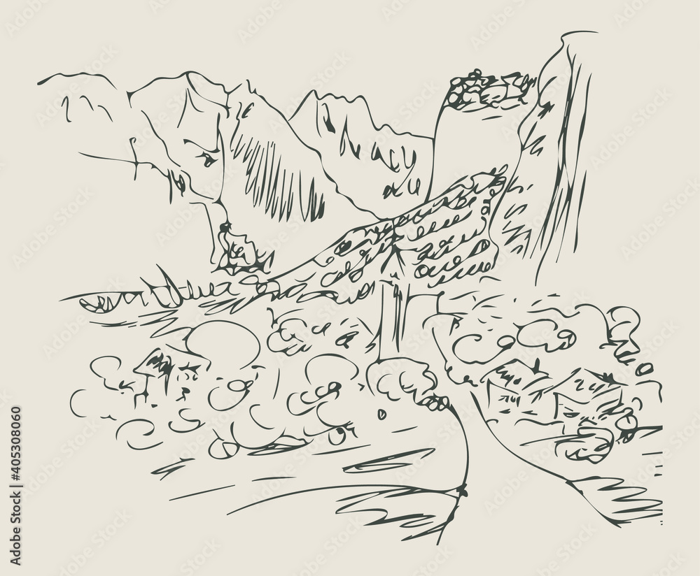 Village, Switzerland. Hand drawn sketch illustration in vector. Europe.