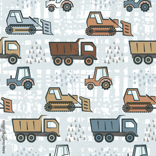 Colorful seamless pattern with flat construction transport and abstract hand drawn shapes. Childish boys texture with cartoon dozer, tractor and dumper for kids textile, wrapping paper, wallpaper