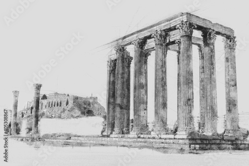  Black and white Ancient Sites The ruins of ancient temple Zeus, Athens, Greece. Watercolor splash with hand drawn sketch illustration