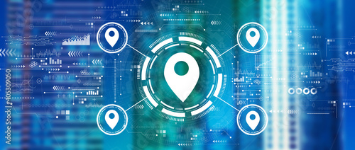 Canvas Print Map pin concept with downtown skyline buildings