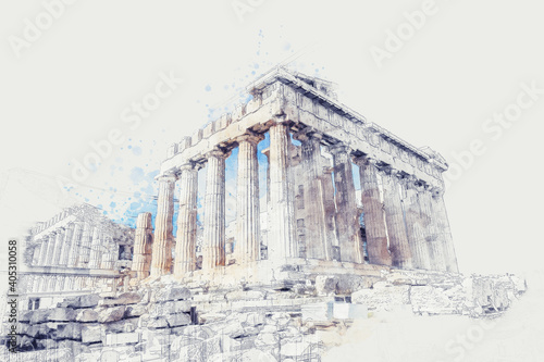 Ancient Sites ruins of temple on Acropolis hill, Athens, Greece. Watercolor splash with hand drawn sketch illustration