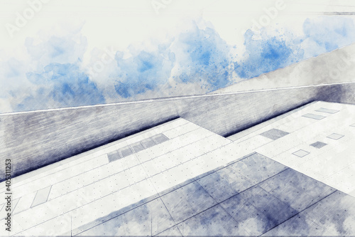 Sketch of architectural detail of modern building. Watercolor splash with hand drawn sketch illustration