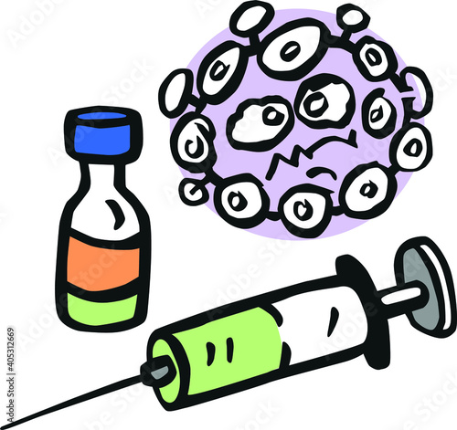 vaccine and hypodermic syringe and coronavirus original simple hand drawing converted to vector and colored 