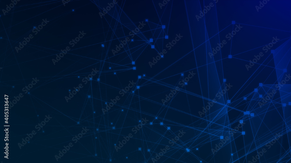 Abstract blue polygon tech network with connect technology background. Abstract dots and lines texture background. 3d rendering.