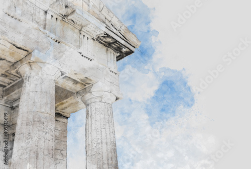 Ancient Sites ruins of ancient temple on Acropolis hill in Athens, Greece. Watercolor splash with hand drawn sketch illustration