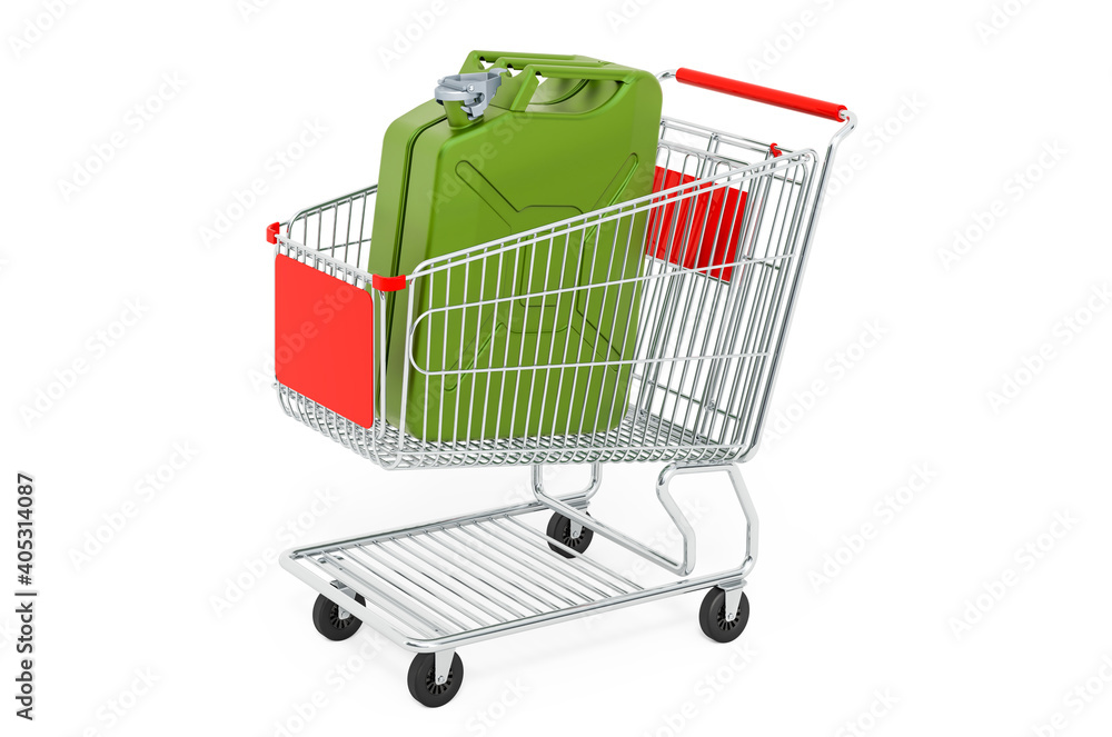 Shopping cart with jerrycan, 3D rendering