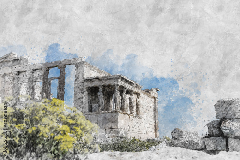 Ancient Sites ruins of ancient temple on Acropolis hill, Greece. Watercolor splash with hand drawn sketch  on crumpled paper