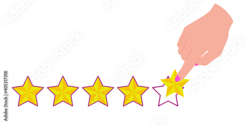 Hand pointing with the index finger on the fifth star to rate online shop, product or service. Colored isolated vector illustration	