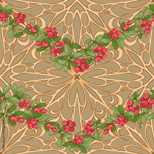 Cranberry in a decorative imitation of a wicker basket made of twigs. Seamless pattern, background. Graphic drawing, engraving style. Vector illustration on kraft background..