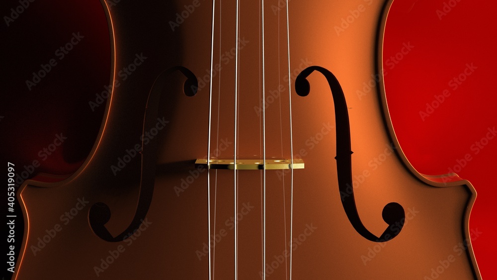 Orange classic violin on red plate under spot lighting background. 3D sketch design and illustration. 3D high quality rendering. Orange classic violin on red plate under spot lighting background. 3D sketch design and illustration. 3D high quality rendering.