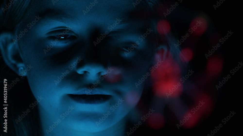 Blue Lit Girl Touching Plasma Sphere Blue Lit Girl Touching Plasma Sphere