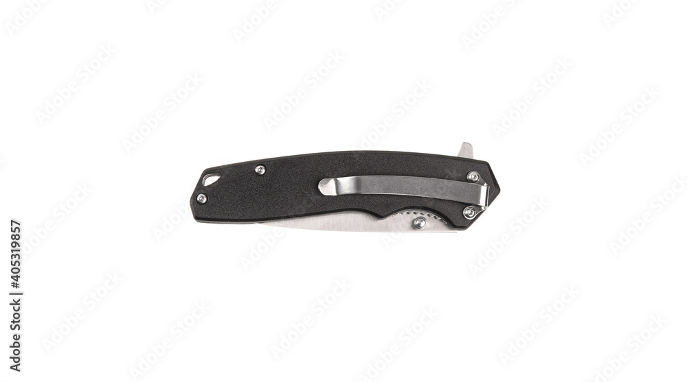 Pocket folding knife isolate on white back. Compact metal sharp knife with a folding blade. Pocket folding knife isolate on white back. Compact metal sharp knife with a folding blade.