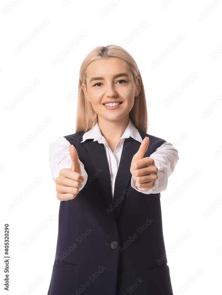 Beautiful young woman showing thumb-up on white background Beautiful young woman showing thumb-up on white background