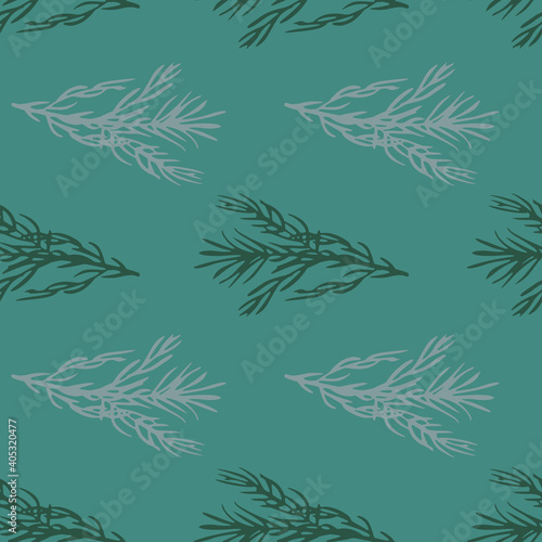 Colored rosemary seamless pattern. Dark green background. Cartoon herb print. .