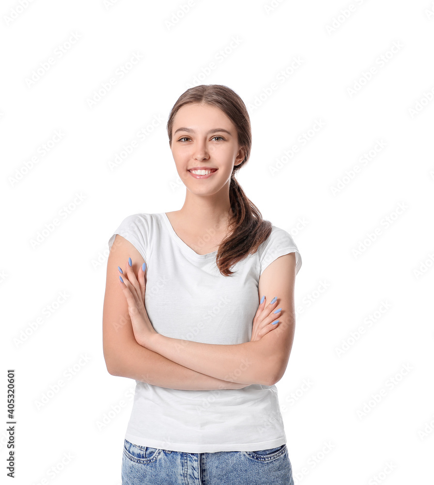 Happy young woman with crossed arms on white background Happy young woman with crossed arms on white background