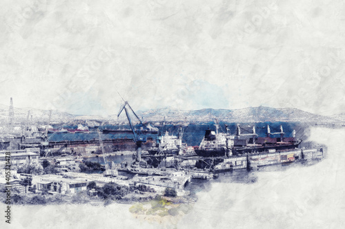  repair ship factory at Athens, Greece. Watercolor splash with hand drawn sketch illustration on crumpled paper