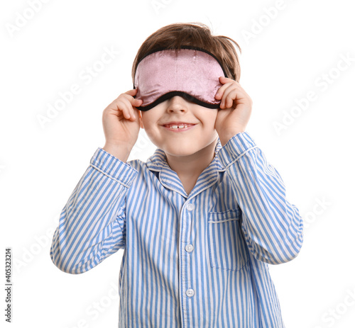 Little boy in sleep mask isolated on white background