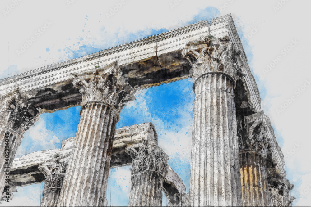 Ancient Sites ruins of ancient temple Zeus, Athens, Greece. Watercolor ...