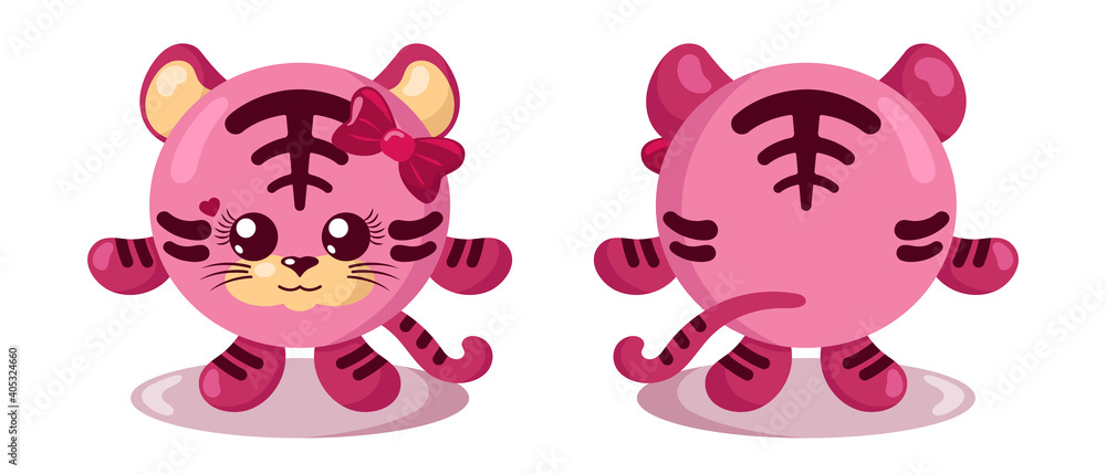 Funny cute kawaii tiger girl with round body in flat design with shadows, front and back. Isolated animal vector illustration	