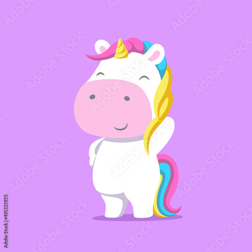 The cute unicorn with the little golden horn and bright color hair