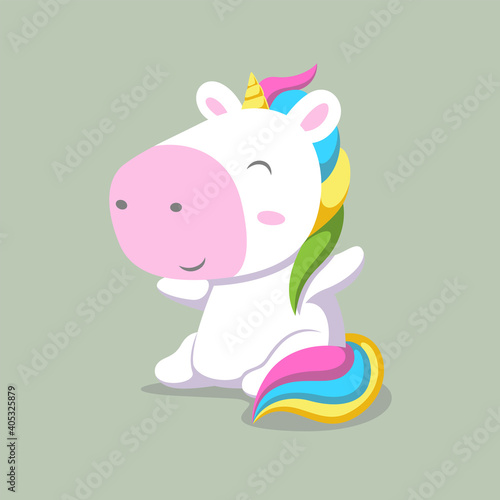 The cute unicorn with the big head is sitting and posing from the side