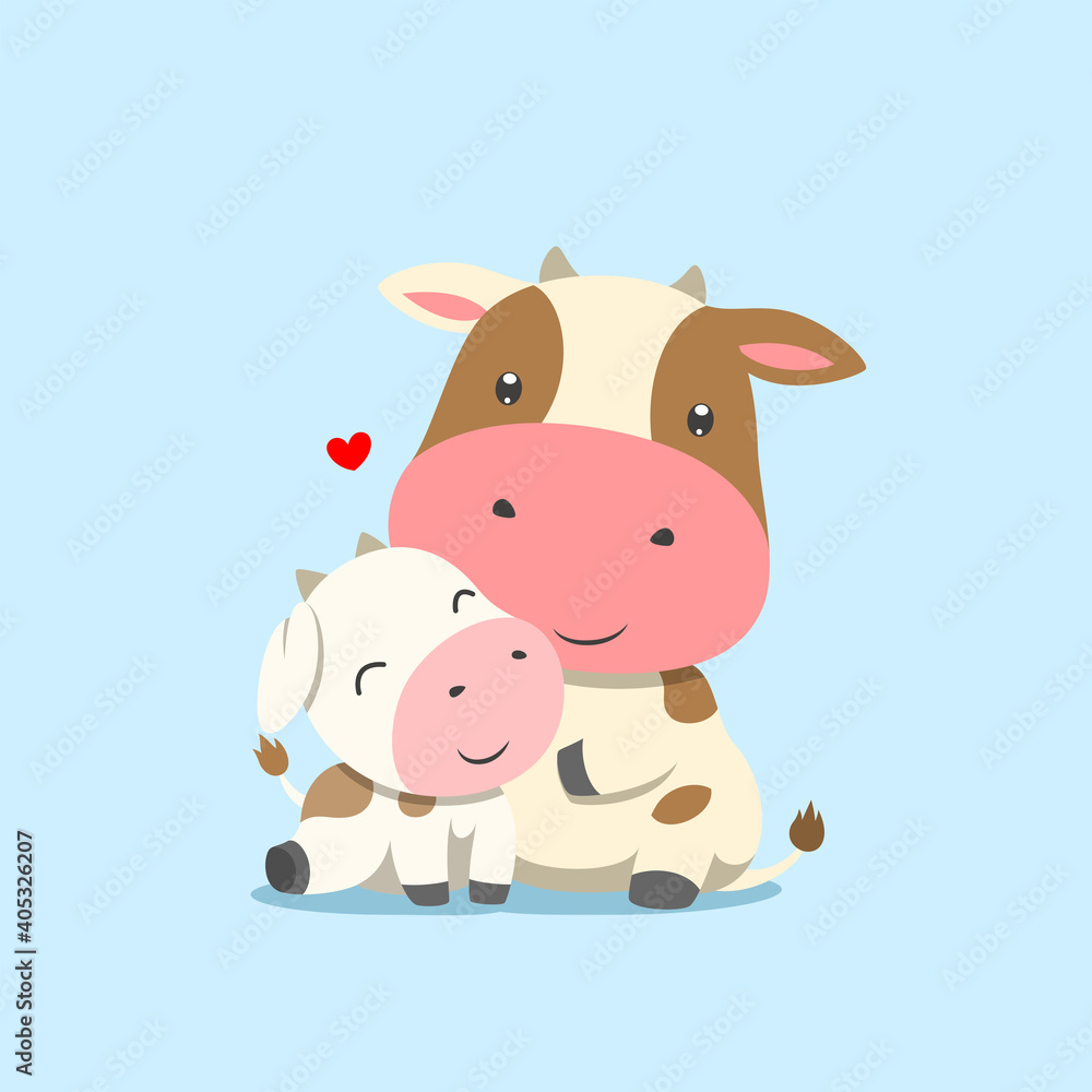The cow is sitting beside her daughter of the baby cow The cow is sitting beside her daughter of the baby cow