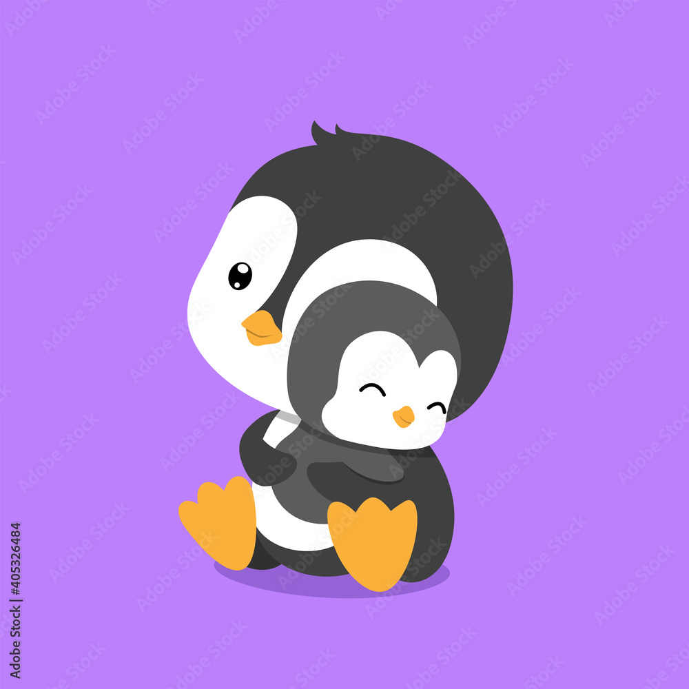 The penguin is hugging her baby penguin with her hand The penguin is hugging her baby penguin with her hand