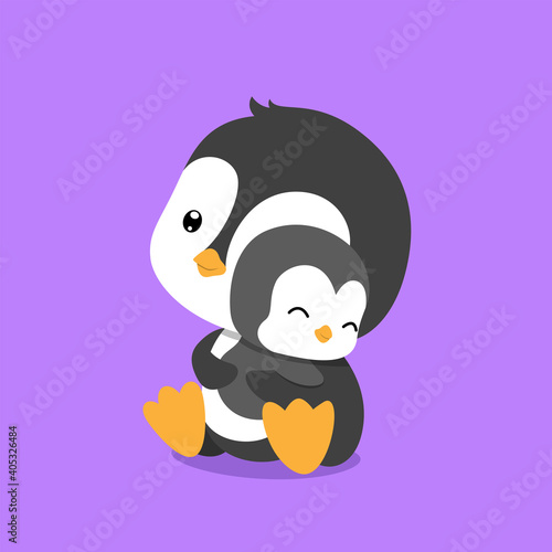 The penguin is hugging her baby penguin with her hand