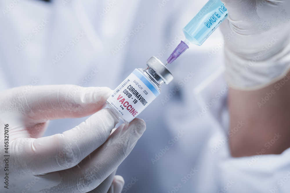 fight against COVID-19, coronavirus vaccine research in laboratory, professional scientists holds syringe and bottle vaccine for virus cure treatment injection, medicine clinical during pandemic