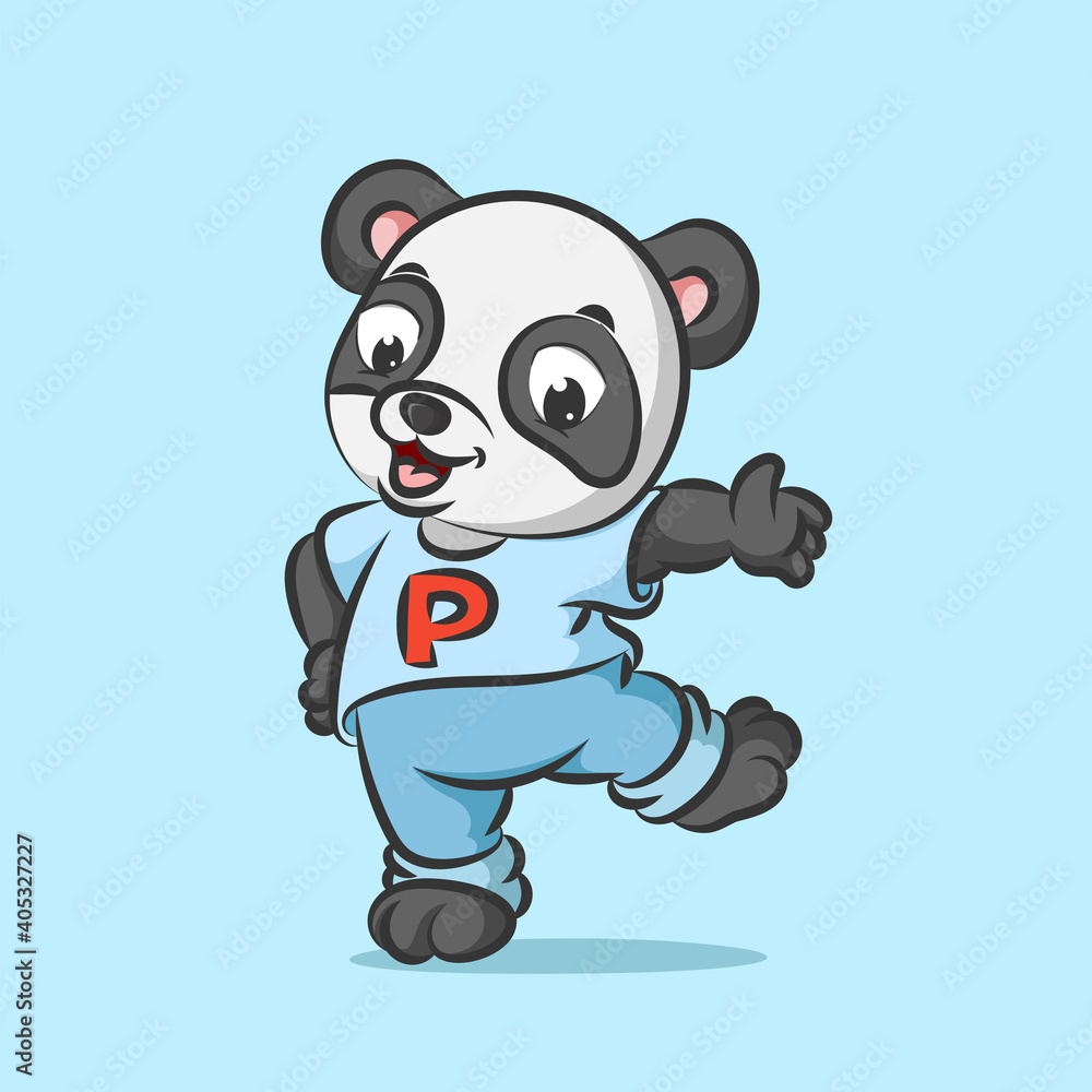 The young panda with the casual costume is dancing