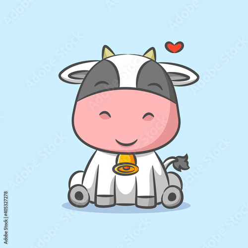 The cow is wearing the bell on her necklace and sitting under the love sign