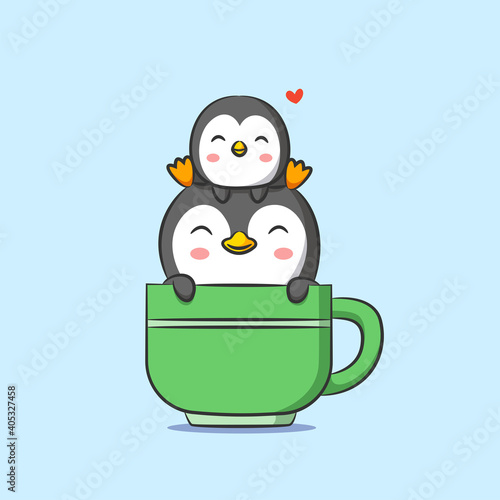 The small and big penguin is sitting on the tea cup with the green color