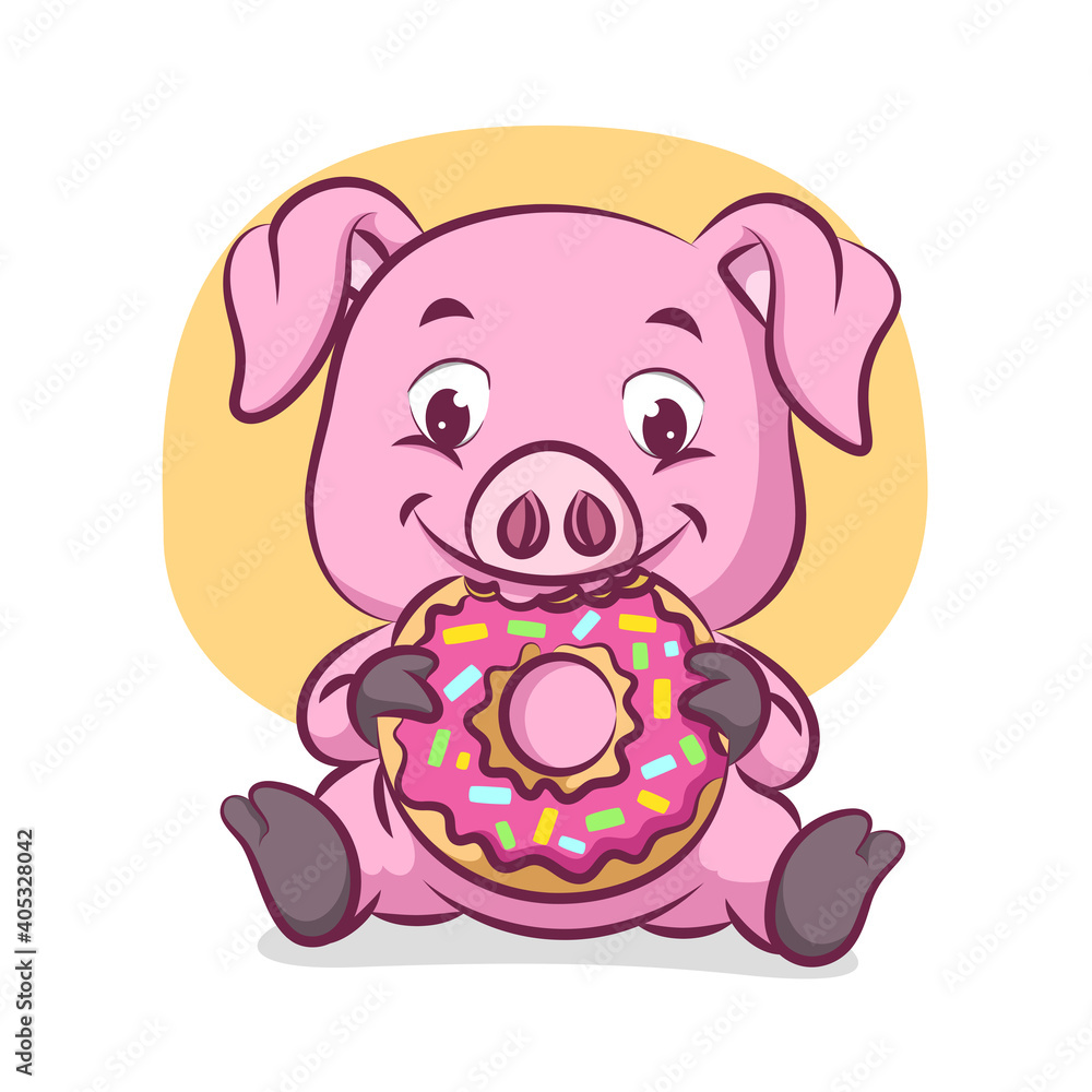 The pig is sitting and eating a big doughnut full of messes