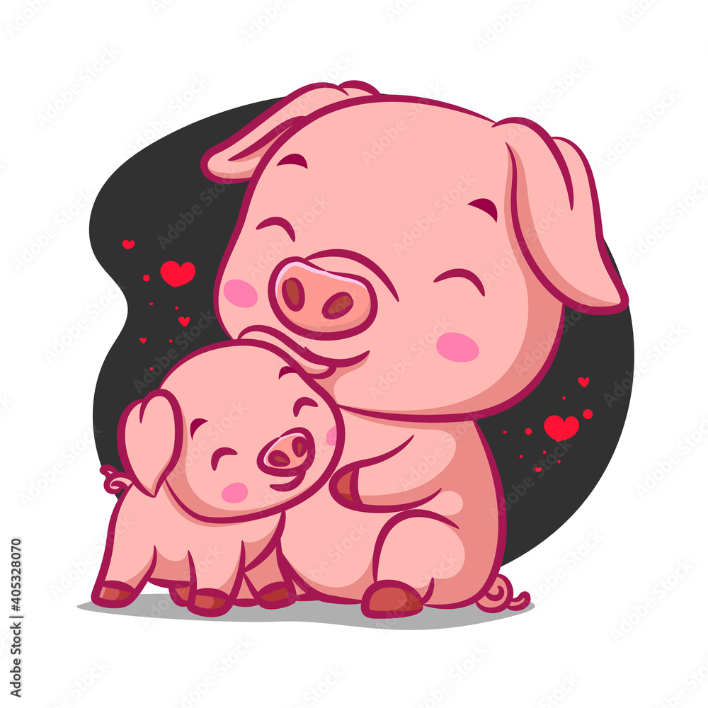 The pig and baby pig is hugging each other